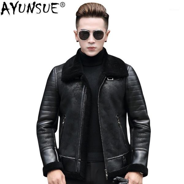 

ayunsue genuine leather pilot jacket sheepskin coat for men natural wool fur coat motorcycle chaqueta cuero hombre 8726 kj8261, Black