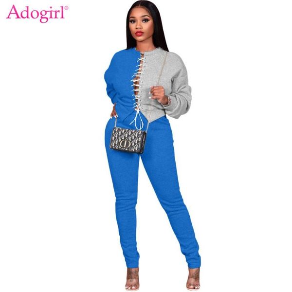 

adogirl color patchwork tie two piece set s- 3xl casual long sleeve front lace up pullover pencil pants sports outdoor clothing, Gray