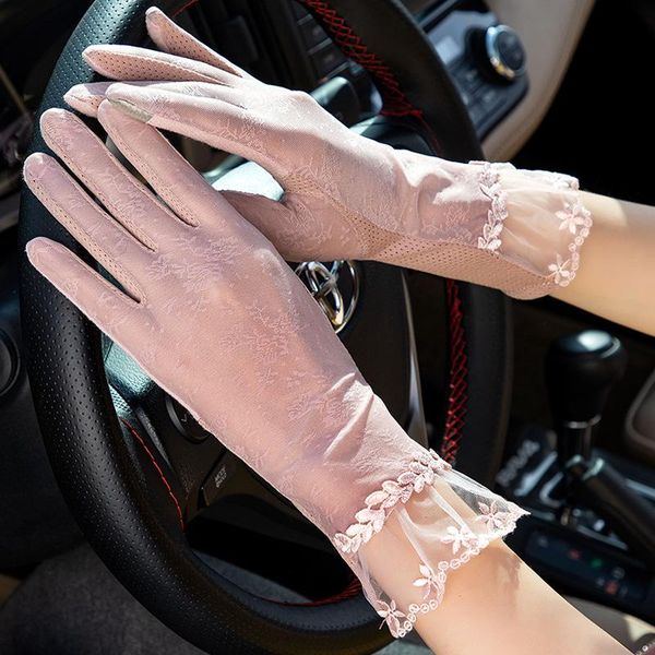 

lace floral summer gloves women spandex thin driving glove high elastic fashion mittens accessories for adult, Blue;gray