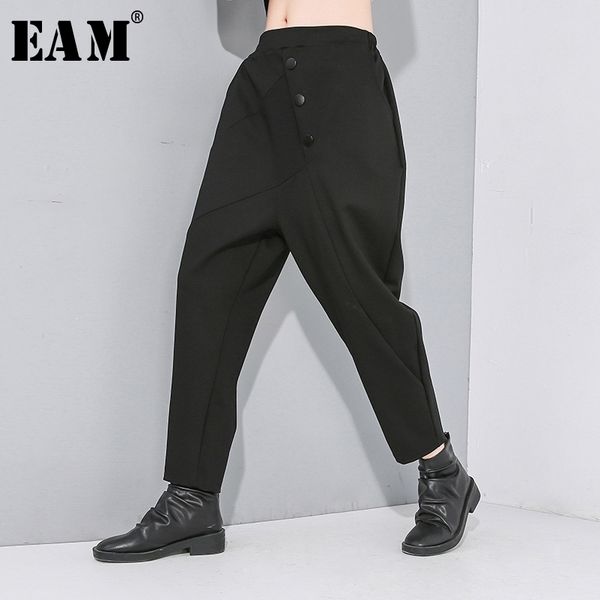 

[eam] high elastic waist black button split joint long trousers new loose fit harem pants women fashion tide spring autumn 201111, Black;white