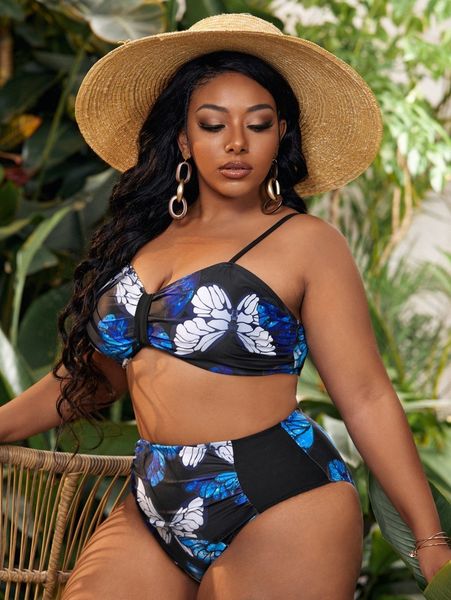

plus butterfly print bikini swimsuit g7xh#, Black