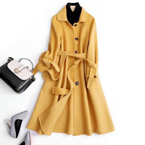 

100% wool autumn new wool coat alpaca warm winter yellow coat women long office lady slim female overcoat1, Black