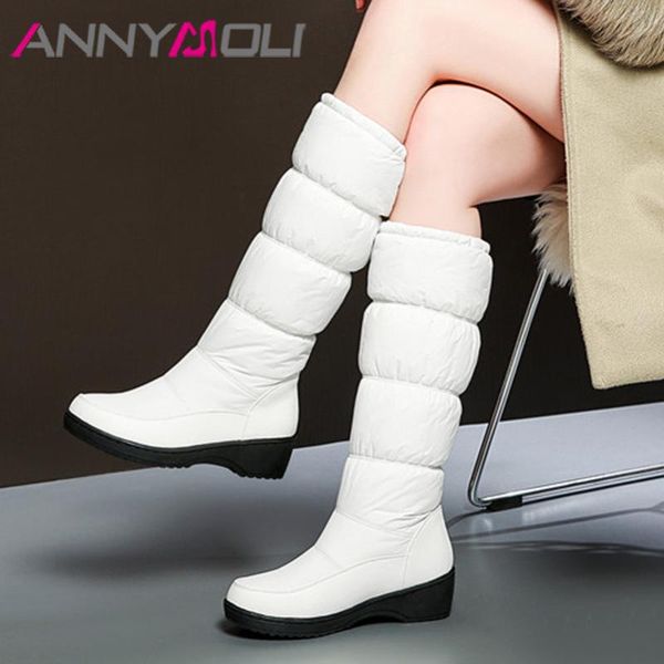 

annymoli woman mid calf boots shoes med heel snow boots platform chunky heels round toe warm lady shoes winter beige 44, Black