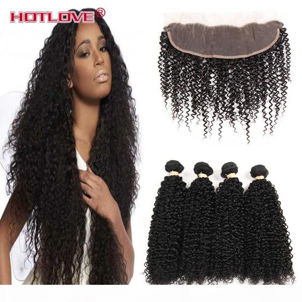 

ear to ear lace frontal closure with 4 bundles 8a brazilian virgin hair kinky curly human hair with 13x4 lace frontal closure, Black;brown