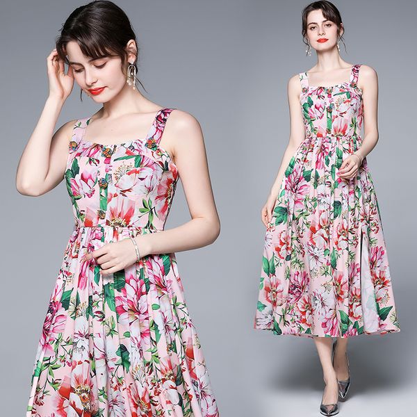 

summer button tender mid-length slim red flower printted big swing elegant party beach bohemia women sling cocktail dress, White;pink
