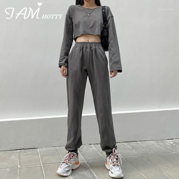 

ruched cropped hoodie baggy joggers women sets vintage casual pants solid sweatshirt lounge wear outfits tracksuit 2020 iamy1, Gray