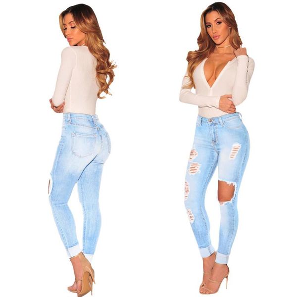 

women's high waist jeans jeans worn-out women's hollow ripped slim ladies women pencil pants, Blue