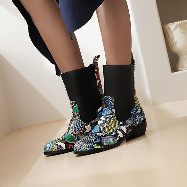 

boots rela bota leather panel patchwork serpentine retro heel 4.5cm round head female outdoor shoes street autumn/winter, Black