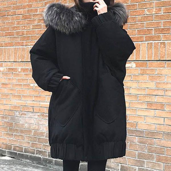 

сплошной черный хлопок мягкая куртка женщин негабаритных меховых воротник хлопок мягкая зимняя пальто теплый плюс размер 4xl корейский стиль, Black