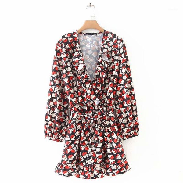 

new women elegant cross v neck floral vestidos print ruffles lace up mini dress autumn ladies elastic waist chic dresses ds28921, Black;gray