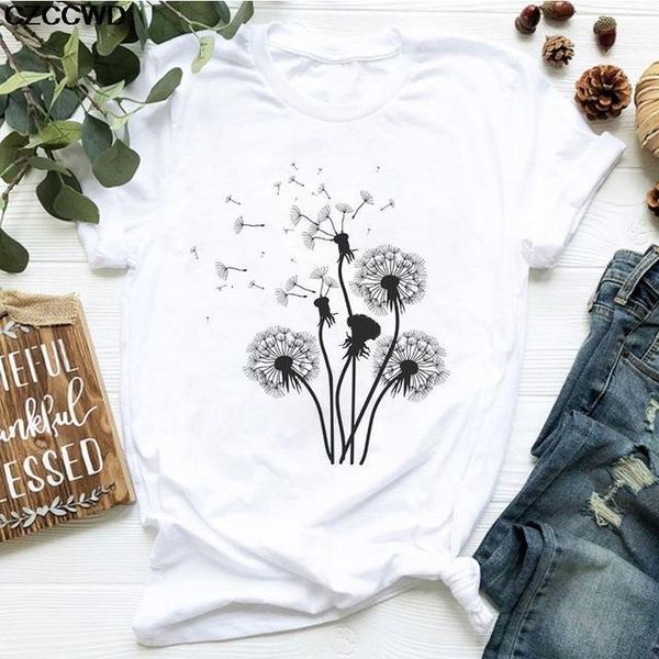 

harajuku women tshirt down wildflower dandelion print vogue women t-shirt casual short sleeve female tee cute graphic tees, White