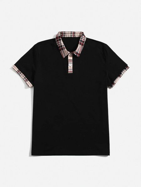 

men 1pc contrast plaid trim polo neck tee k2gq#, White;black