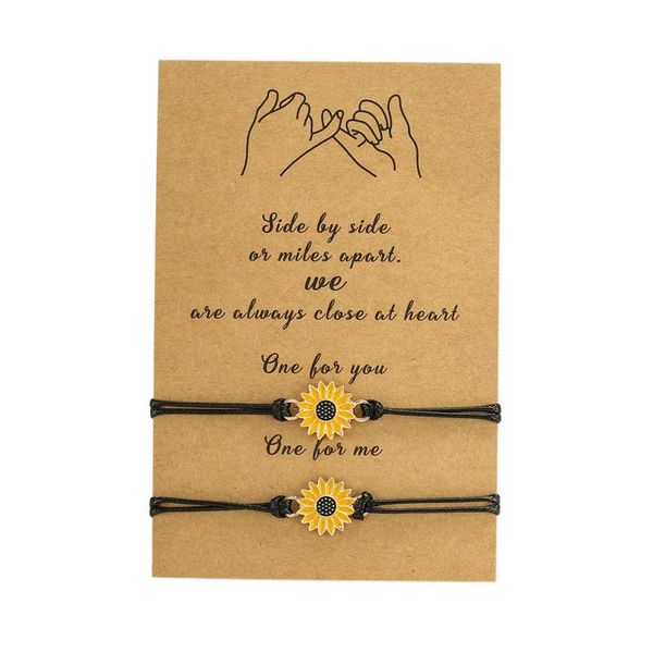

charm bracelets handmade braided black rope chain bracelet 2pcs/set sunflower friendship jewelry gift wish card, Golden;silver