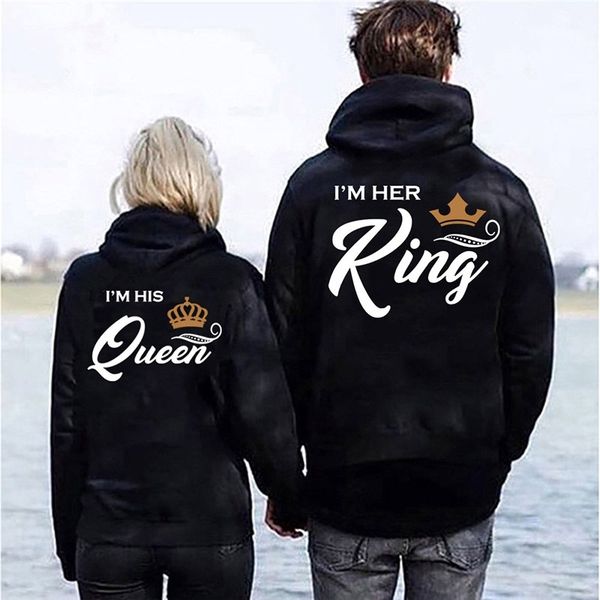 

men hoodies king queen printed sweatshirt lovers couples hoodie hooded women sweatshirt casual pullovers tracksuits 201203, Black