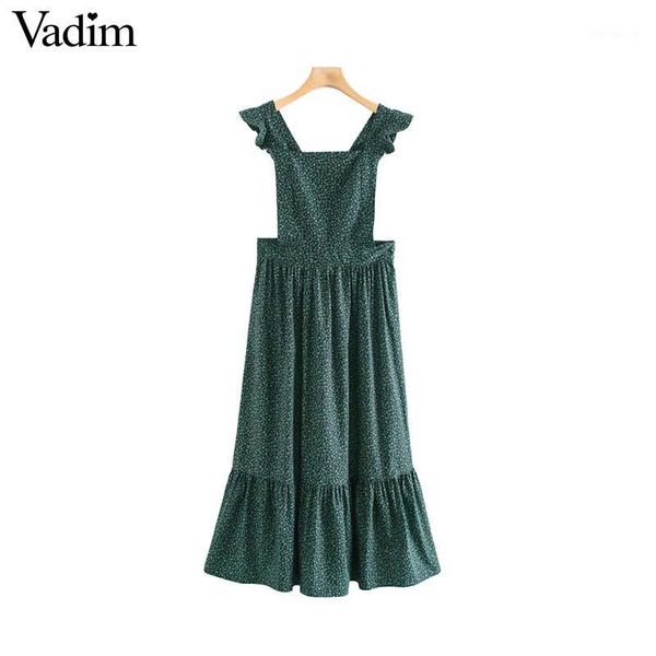 

vadim women retro floral print midi dress side zipper adjustable straps sleeveless female casual dresses vestidos mujer qd3031, Black;gray