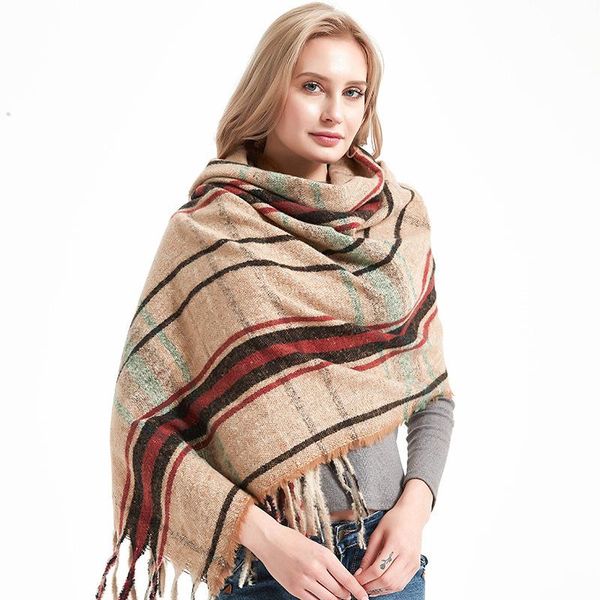 

autumn and winter 2020 new style coarse beard lattice polyester thorn hair tassel scarf for women and men's warm shawl, Blue;gray