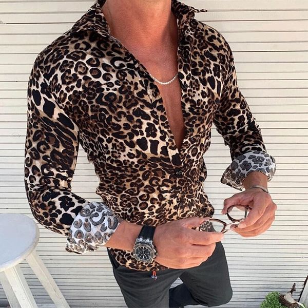 

high street mens fashion leopard shirt long sleeve slim fit casual single breasted blouse kg-1017, White;black