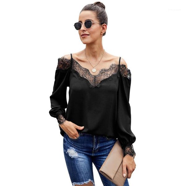 

women blouses lace v-neck pullover shirt 2020 spring off shoulder hollow out long sleeve casual loose backless shirt1, White