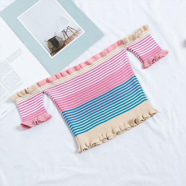 

itoolin streetwear rainbow crop off shoulder summer womens lady woman slash neck striped tee tank, White