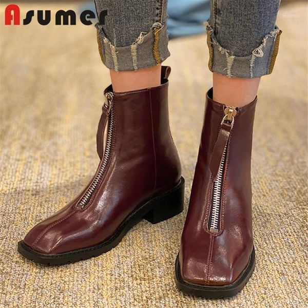 

asumer 2020 new arrive genuine leather shoes ladies vintage square toe autumn winter boots comfortable ankle boots women1, Black
