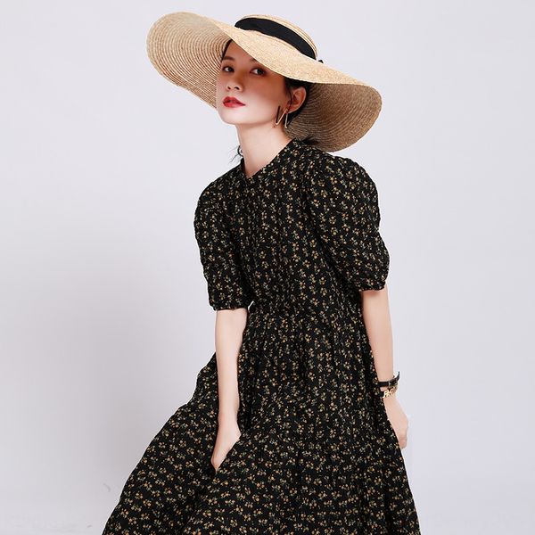 

light yellow floral dresslong skirt dress for women summer 2020 new style over knee bubble sleeve long dress 1406 aozio, Black;gray