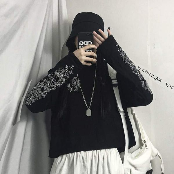 

design outlet dark tide brand crow heart drill cross crew inst t t-shirt women street, Black