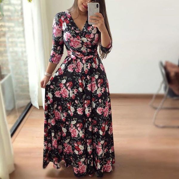

women casual three quarter sleeve v-neck long dress fashion female v-neck flower print maxi dress plus size vestidos verano1, Black;gray