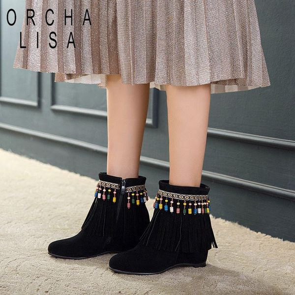 

orcha lisa plus size 30-45 flock fringe ankle boots for women boots female height increa autumn shoes womenbotas feminina b997c, Black