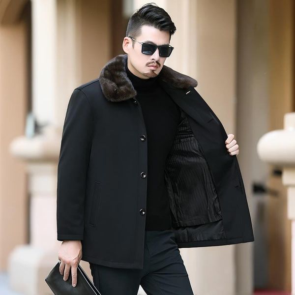 

men's leather & faux winter fur coat knick's wear sheep's cashmere inner liner mink's collar father's for man, Black