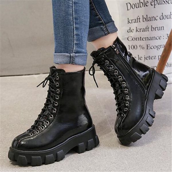 

winter 2021 new patent-leather women's shoes thick women punk soles black boots 35-40 4zje