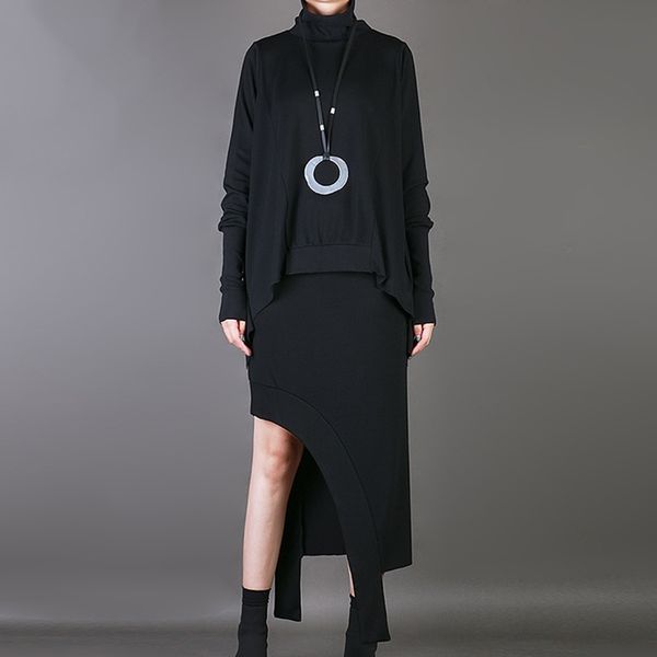 

[eam] new spring summer high collar brief long batwing sleeve black loose big size sweatshirt women fashion tide jy048 201204