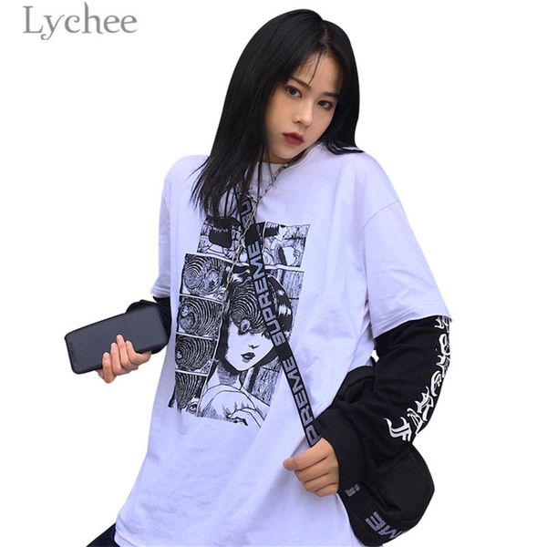 

lychee trendy comic fake 2 pieces women t-shirt head print long sleeve o-neck female t shirt casual loose tee y200111, White