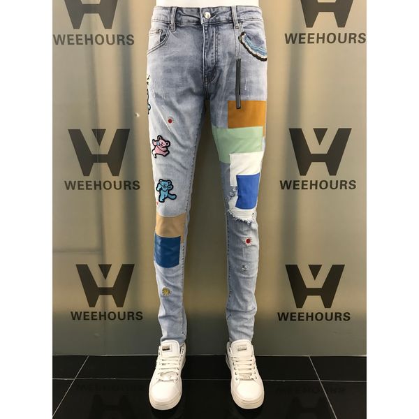 

2020 new robin motorcycle jeans women's high waist jeans custom punk rock private label lapel retro gradient gene men's hip hop je, Blue