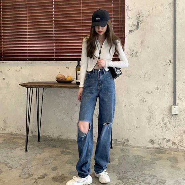 

women's jeans 2021 high waist fashion loose destroyed hole denim mopping pants casual vintage wide leg trousers, Blue