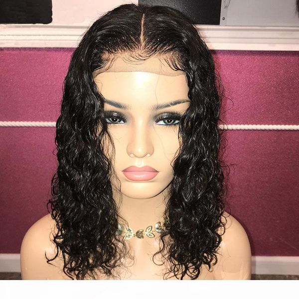 

deep water wave short bob curly 5*5'' silk lace front human hair wig 13x6 t part lace front wig, Black;brown