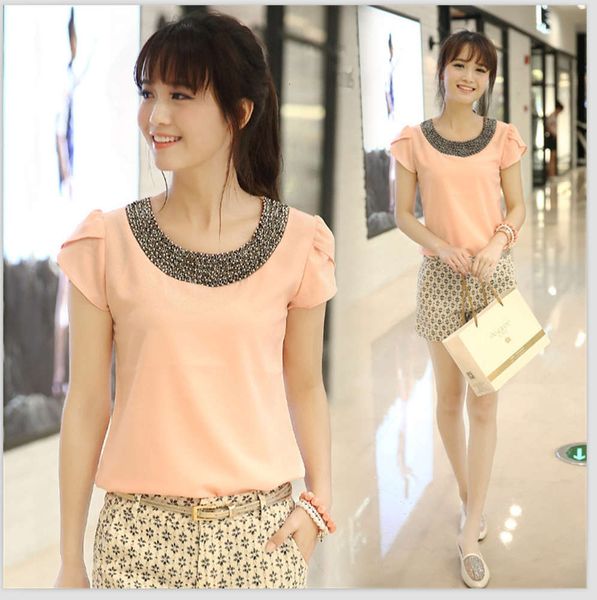 

spring and summer hand nailed pearl lotus leaf women's loose large round neck short sleeve chiffon shirt, White