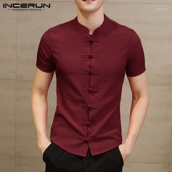 

men's casual shirts incerun chinese style traditional shirt men short sleeve vintage elegant solid color slim dress chemise1, White;black