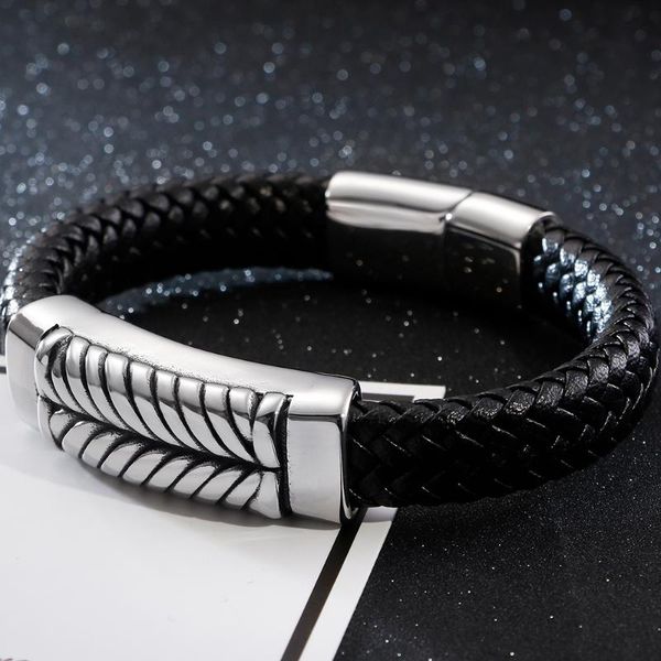 

tennis trendy men's braided genuine leather bracelet with stainless steel magnetic closure cool birthday gifts for husband jewellery, Golden;silver