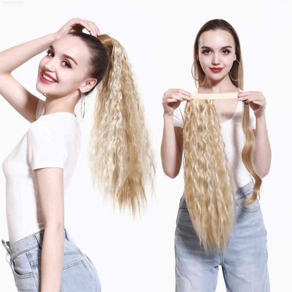

high temperature matte silk long curly hair invisible ffy corn perm tail wig, Black