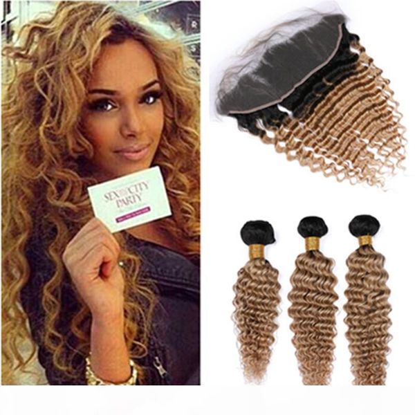 

virgin brazilian human hair honey blonde ombre deep wave 3pcs bundles with 13x4 frontal closure #1b 27 ombre lace frontal with weaves, Black;brown