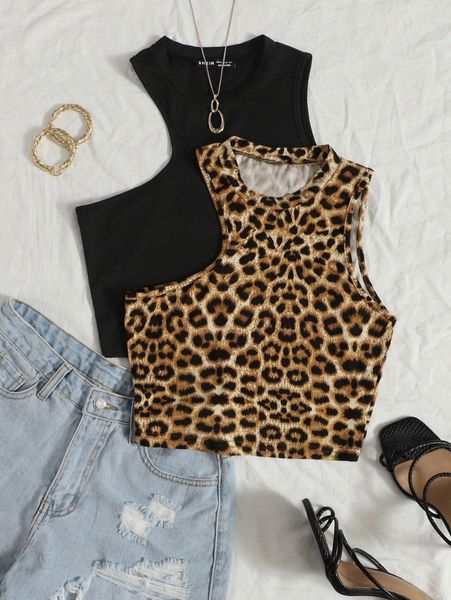 

2pcs solid & leopard print asymmetrical neck tank n5qz#, White