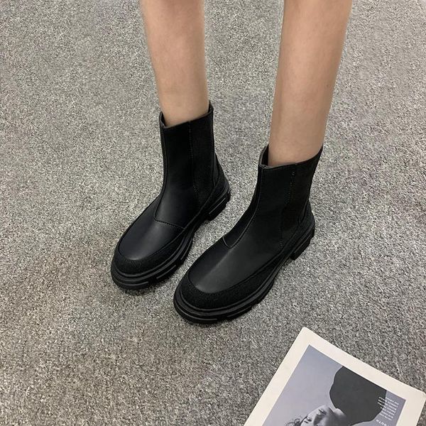 

mazefeng brand leather women boots brand fall winter warm short ankle boots platform flats shoes waterproof water shoes non-slip, Black