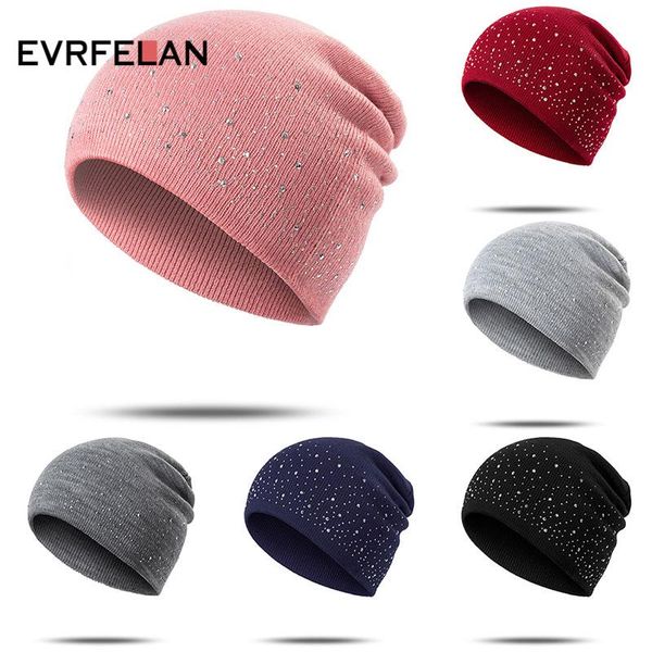 

beanie/skull caps evrfelan women's winter hat knitted beanie hats for ladies rhinestone autumn knit beanies women designer bonnet gorro, Blue;gray