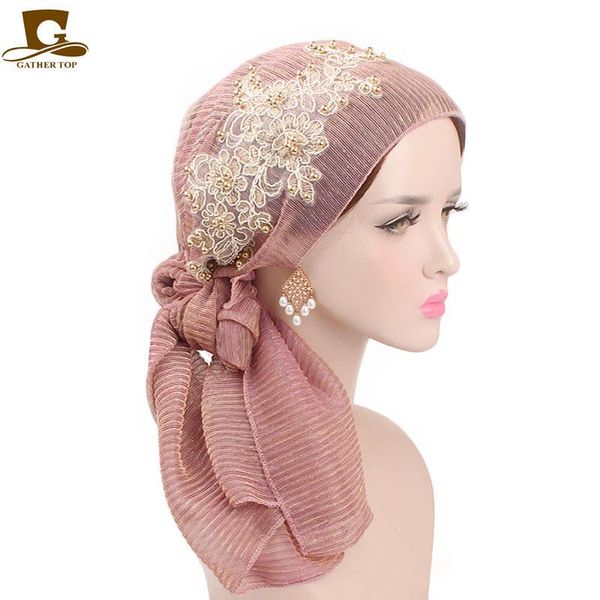 

new women pre-tied bandana turban metallic wrinkle head scarf chemo hair cover hat headwrap cancer hats hair accessories
