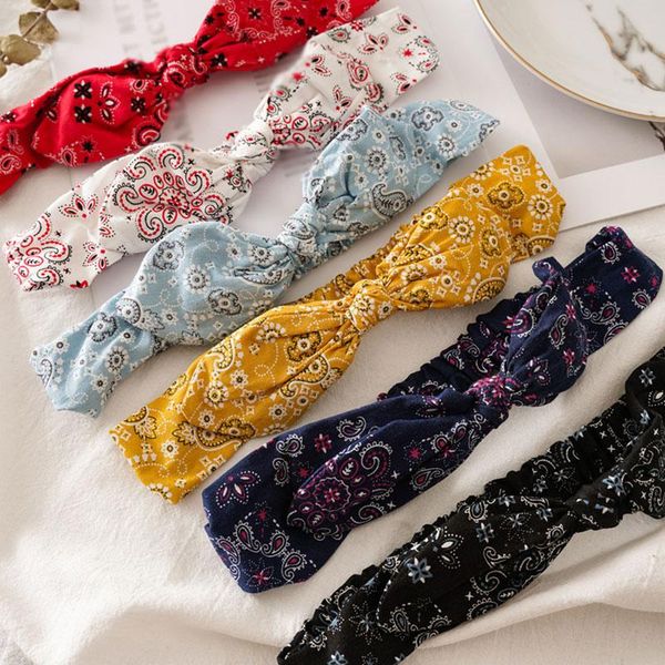 

korea knotted hair band fashion floral print rabbit ears hair ribbon vintage headband girls elastic rubber bands hair accessory q bbyapj