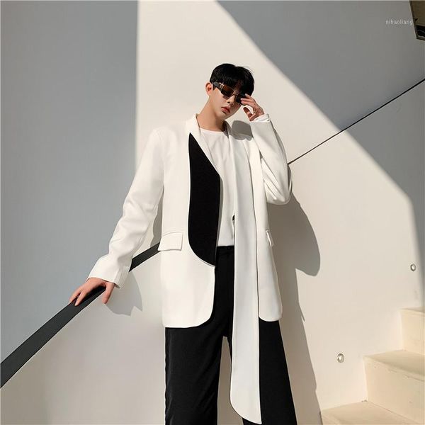

men's suits & blazers 2021 spring and autumn youth color matching personality unilateral collar three-dimensional cut suit black / whit, White;black