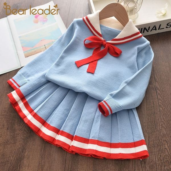 

bear leader girls dress new winter kids girl party dress long sleeve knitted pullover+dress bow tie cute children knitwear 2pcs 201202, Red;yellow