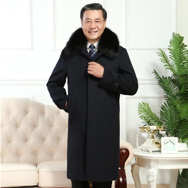 

fur collar trench wool coat men wool blend winter coat men slim fit casaco masculino mid-long black1, Black