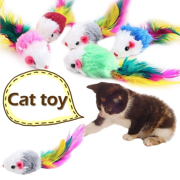 

cat toys mini funny interactive false colorful feather plush mouse kitten mice playing toy sound squeaky random multicolor supplies