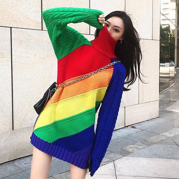 

2020 new slim turtleneck women's pullover personality rainbow knit sweater1, White;black